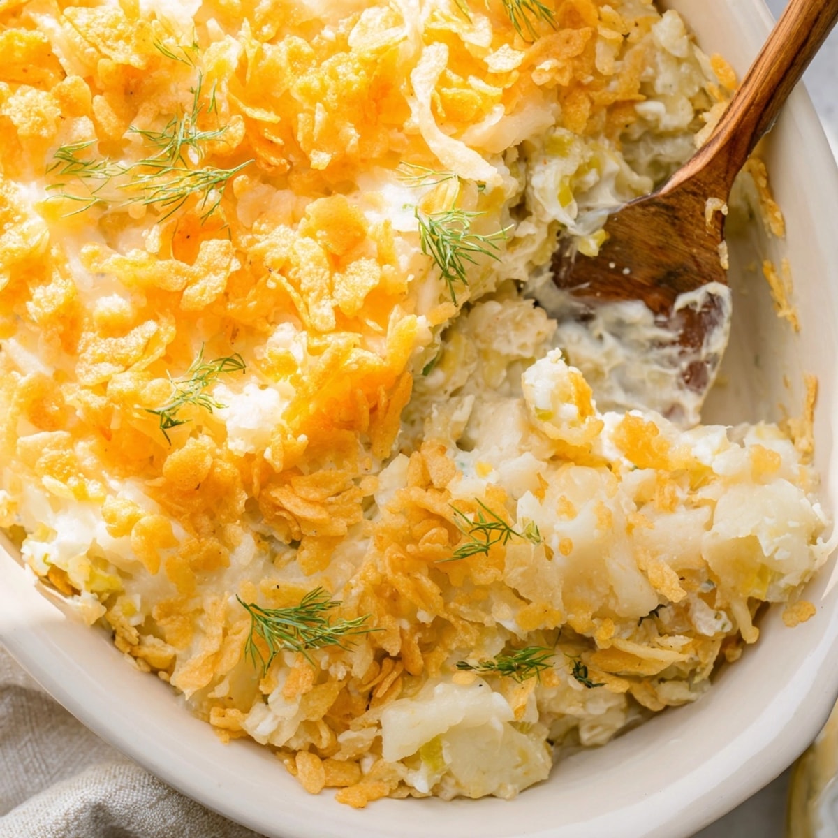 Golden-brown Midwest Classic Funeral Potatoes with Pickle Ranch Twist, bubbling hot from the oven.