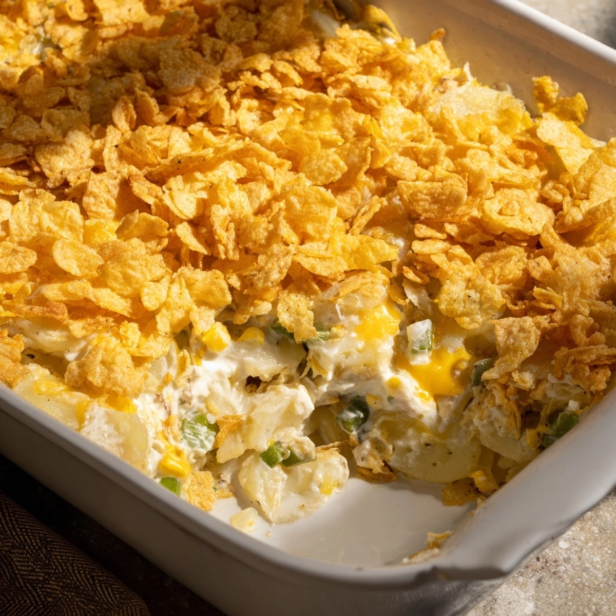 Baked Midwest Classic Funeral Potatoes with Pickle Ranch Twist: Creamy interior, crispy cornflake topping.