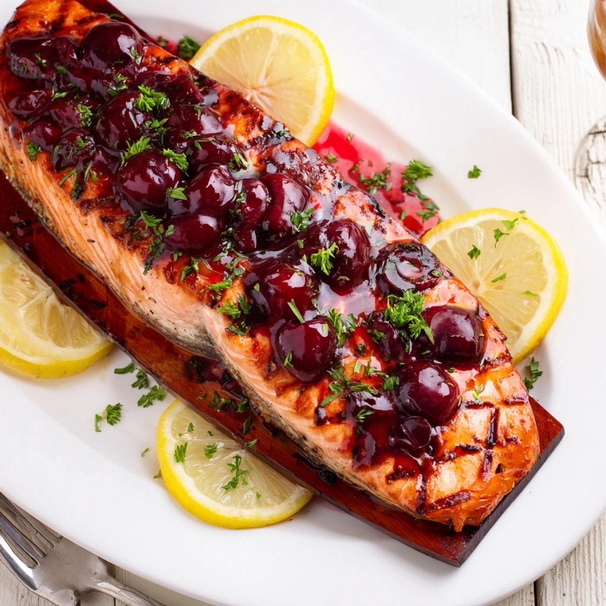 Grilled Western Fresh Cedar Plank Salmon with Cherry Glaze, smoky aroma wafting.