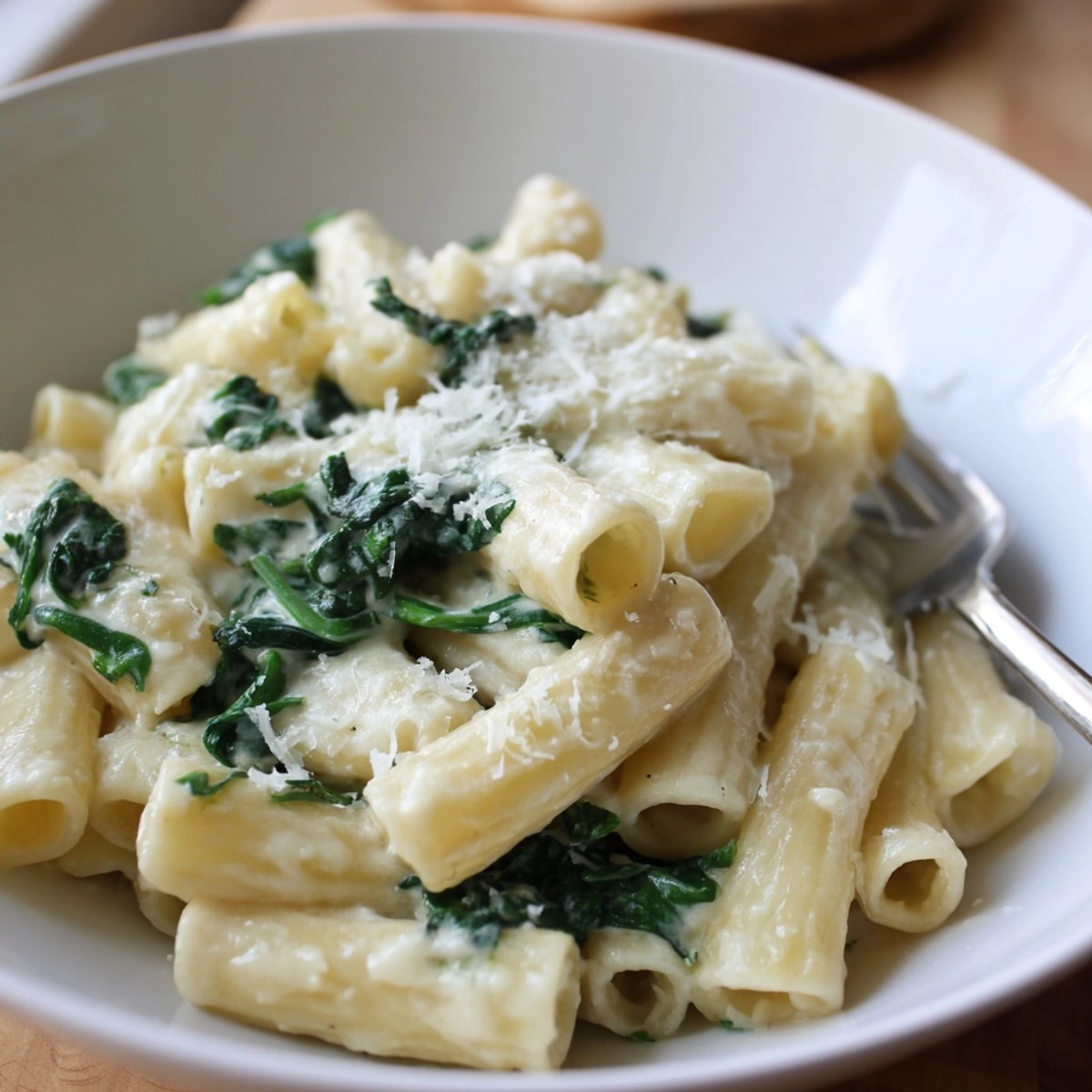 Creamy Spinach Alfredo Pasta recipe; easy dinner with vibrant green spinach leaves visible.