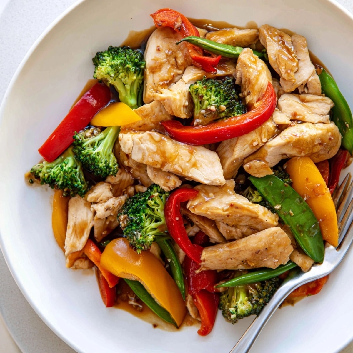 Chicken & Veggie Stir-Fry simmering: Sizzling ginger-soy sauce coats tender chicken and bright vegetables.