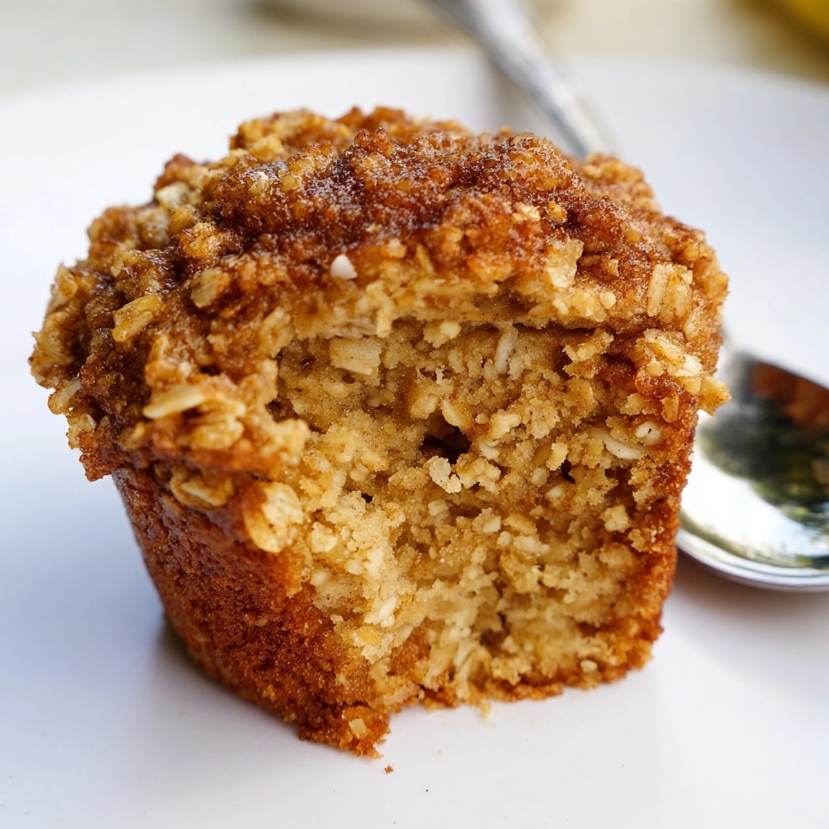 Golden brown banana oat muffins, warm from the oven, with visible oat flakes.