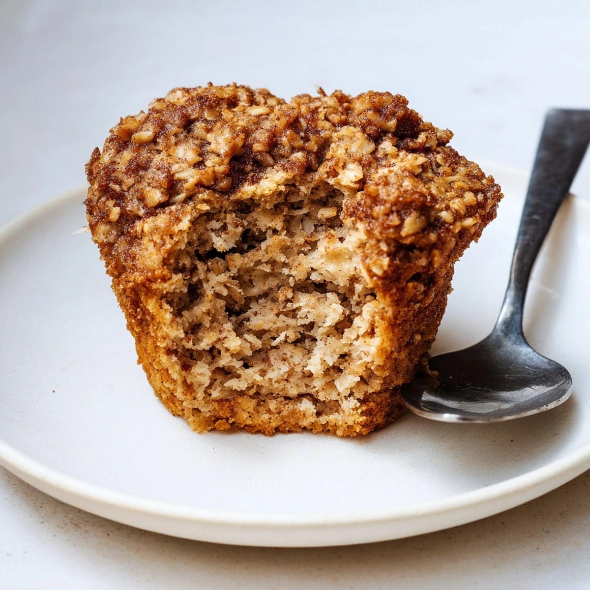 Stacked banana oat muffins, a quick, healthy breakfast treat with a sprinkle of cinnamon.