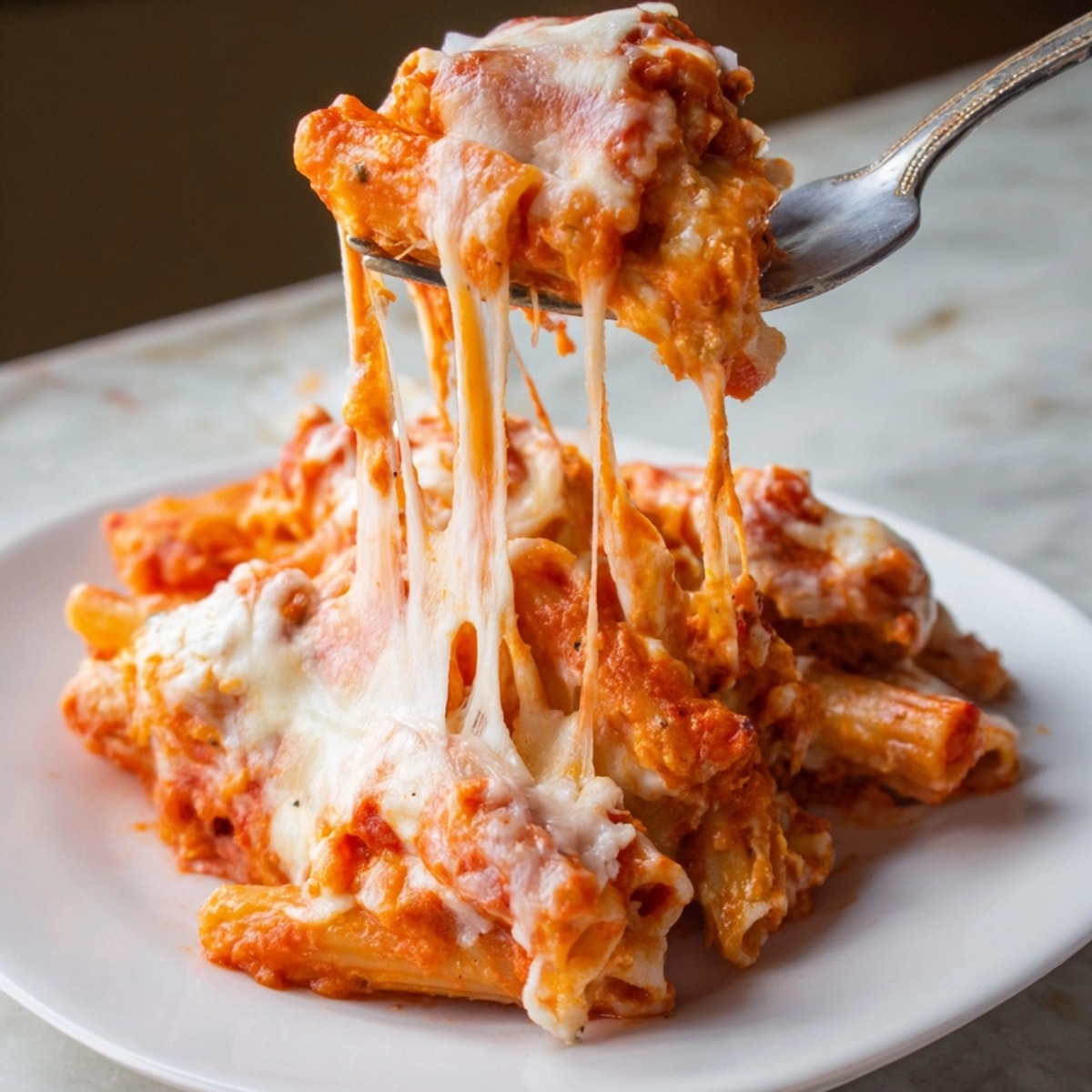 Cheesy Baked Ziti bubbling golden brown; smells of tomato, garlic, and warm cheese.