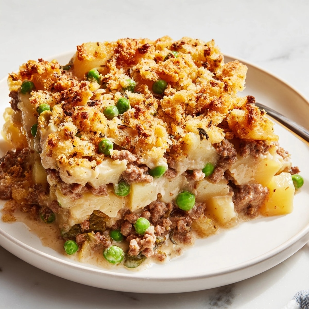 Creamy Beef and Potato Casserole, browned breadcrumbs, a warm, comforting weeknight dinner.