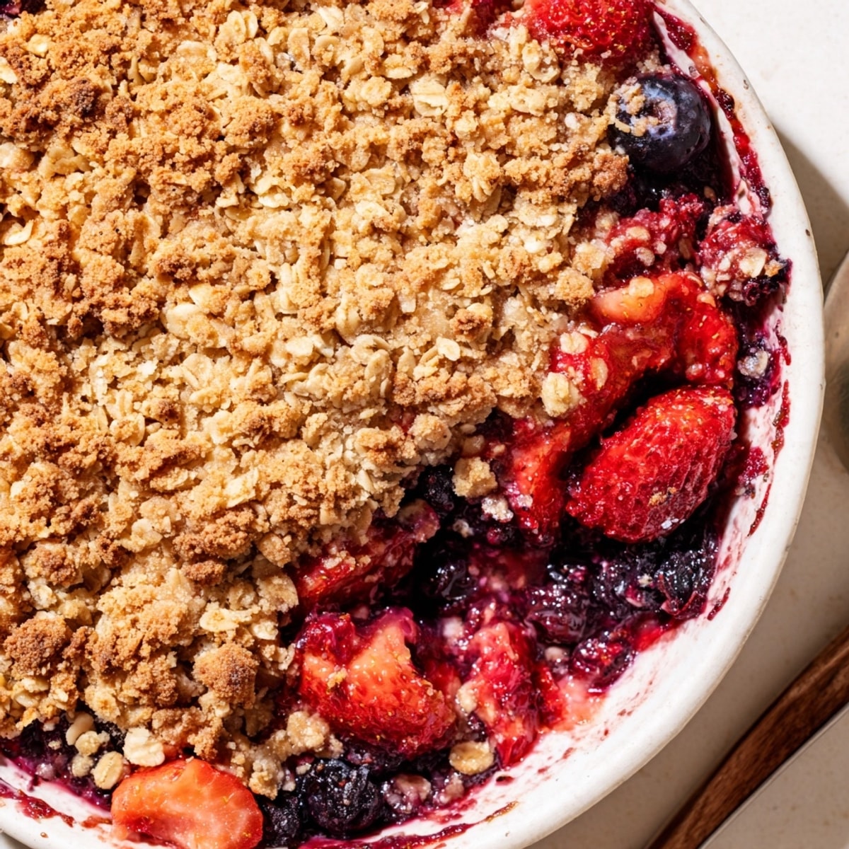 Warm, comforting Summer Berry Crisp: juicy berries visible beneath a lightly browned topping.
