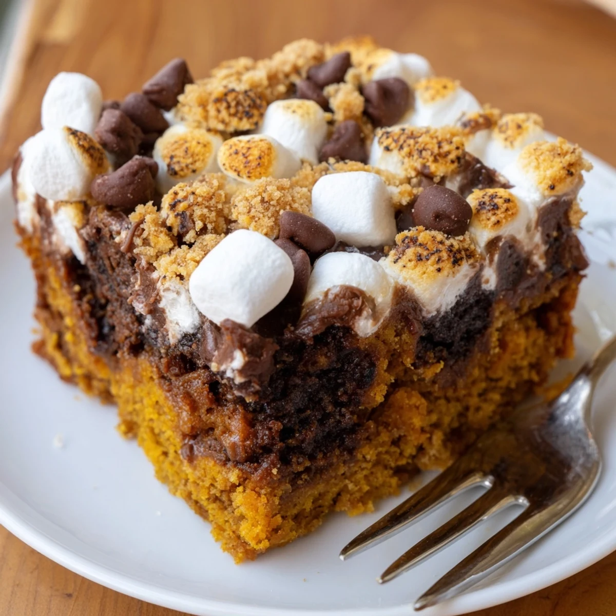 Moist pumpkin muffin s’mores bars topped with gooey marshmallows and chocolate chips.