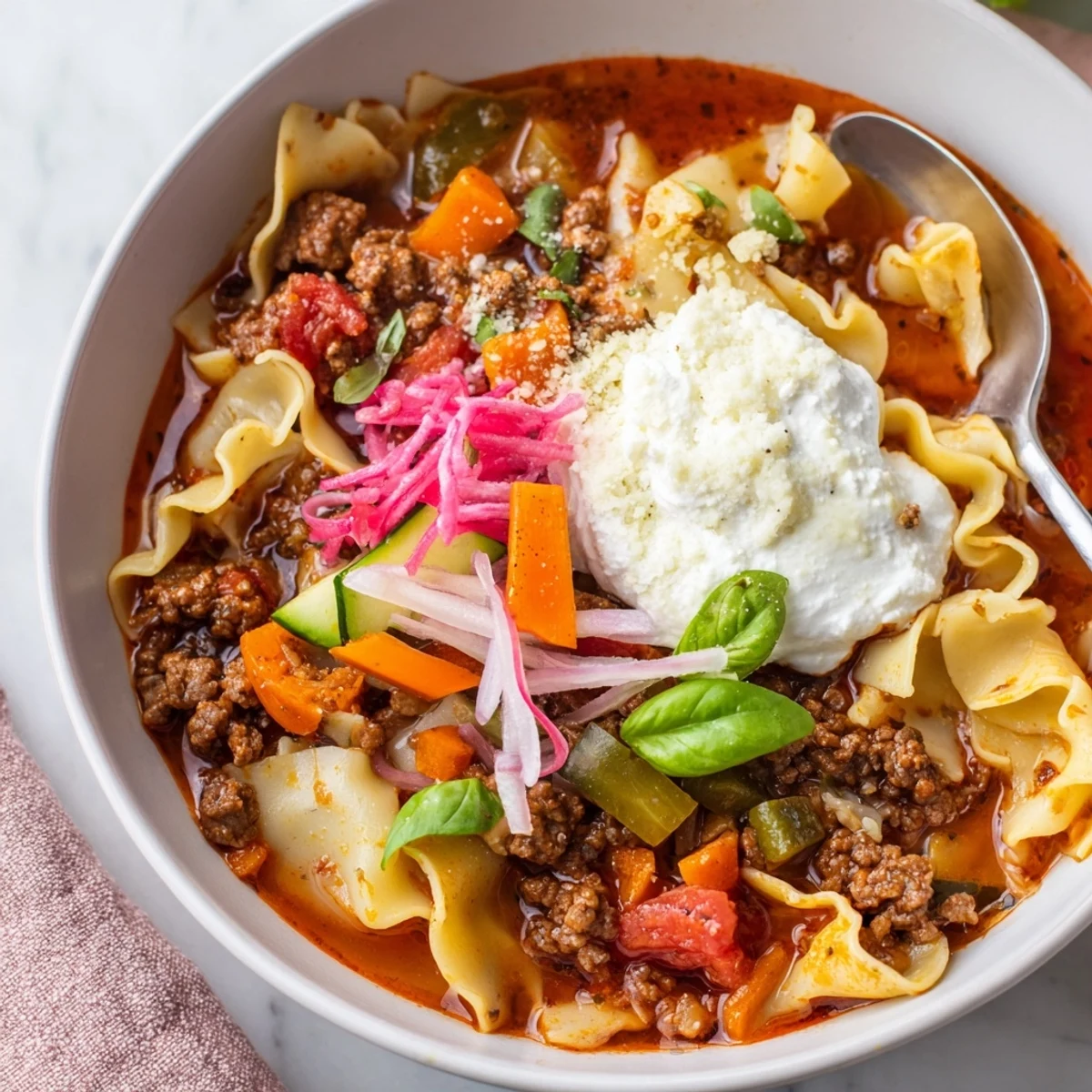 Warm, comforting lasagne soup topped with tangy pickled vegetables and fresh herbs.  