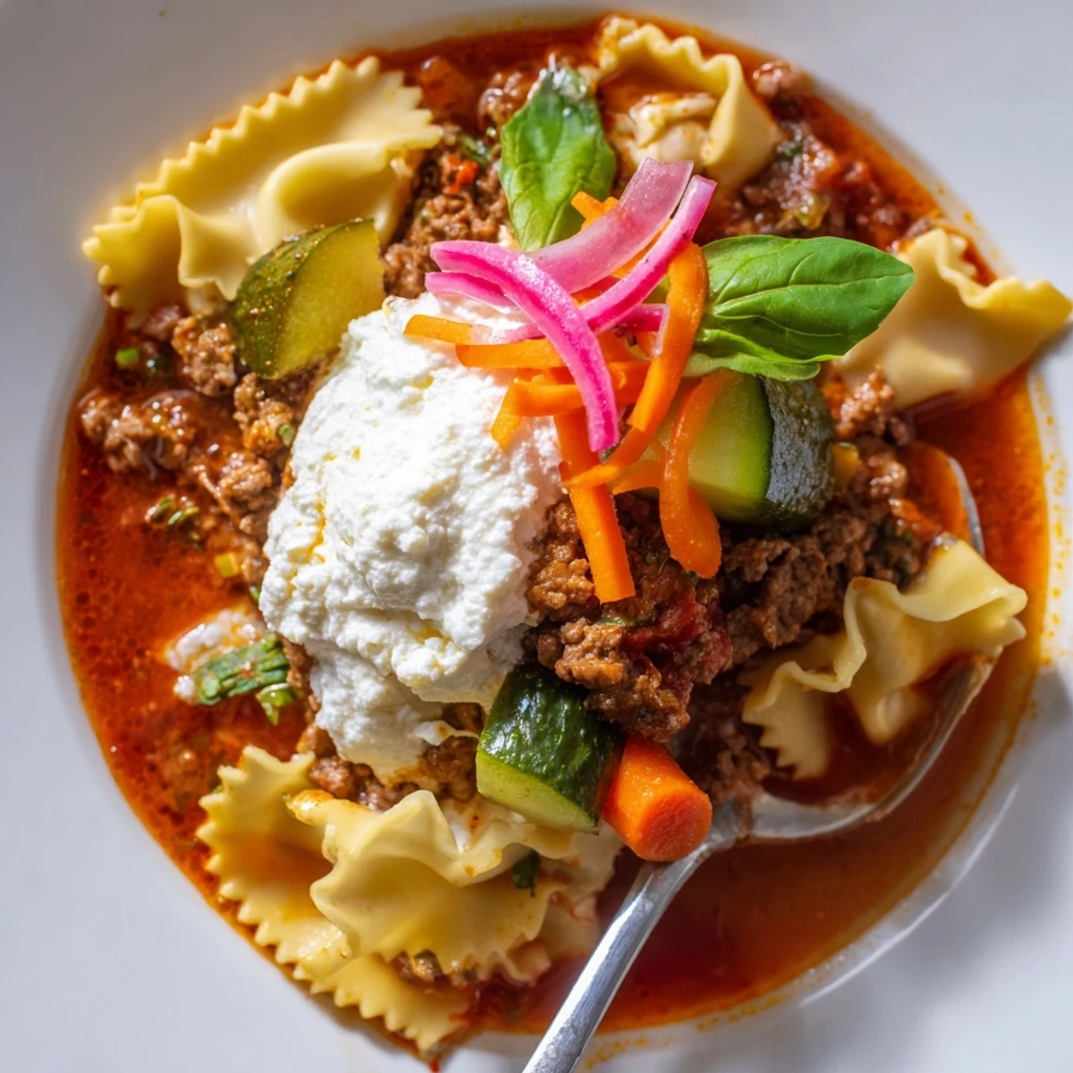 Rich lasagne soup garnished with vibrant pickled vegetables for a delightful twist.