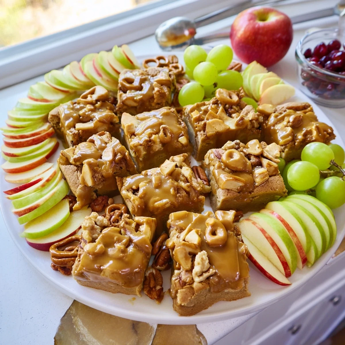 Chewy caramel apple blondies on a festive charcuterie board for autumn gatherings.  