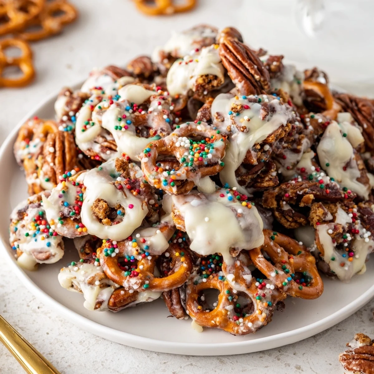 Sweet and crunchy holiday snack gingerbread pretzel clusters coated in white chocolate.  