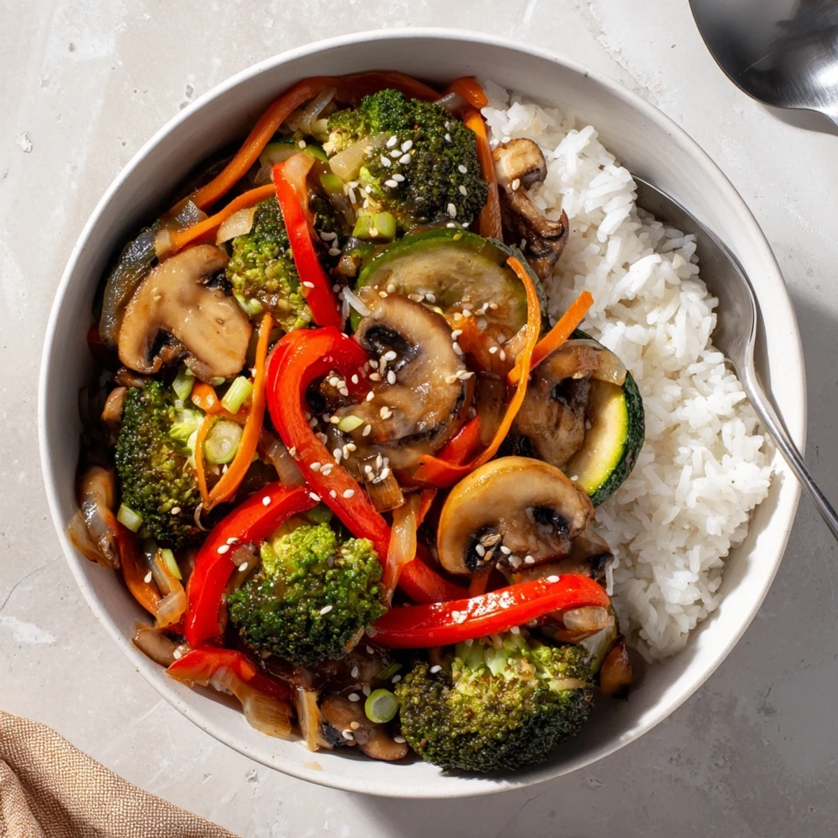 Colorful Japanese Hibachi veggie bowls served over fluffy jasmine rice, drizzled with sauce.  