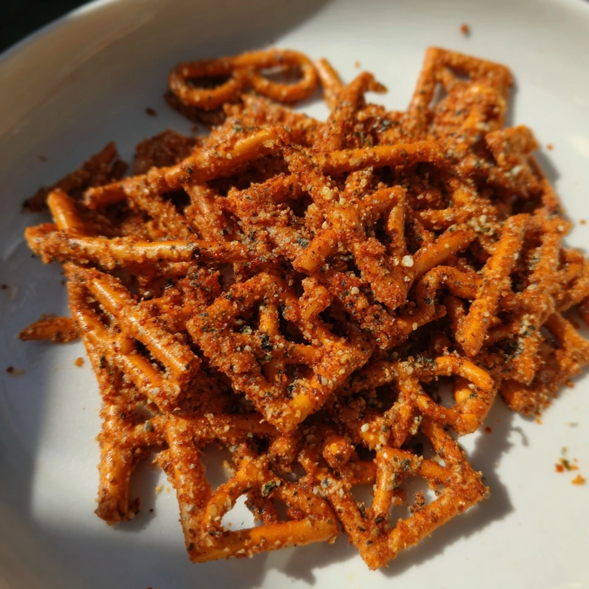 Festive holiday snack spicy pretzel chips, perfectly seasoned for a cozy gathering.  