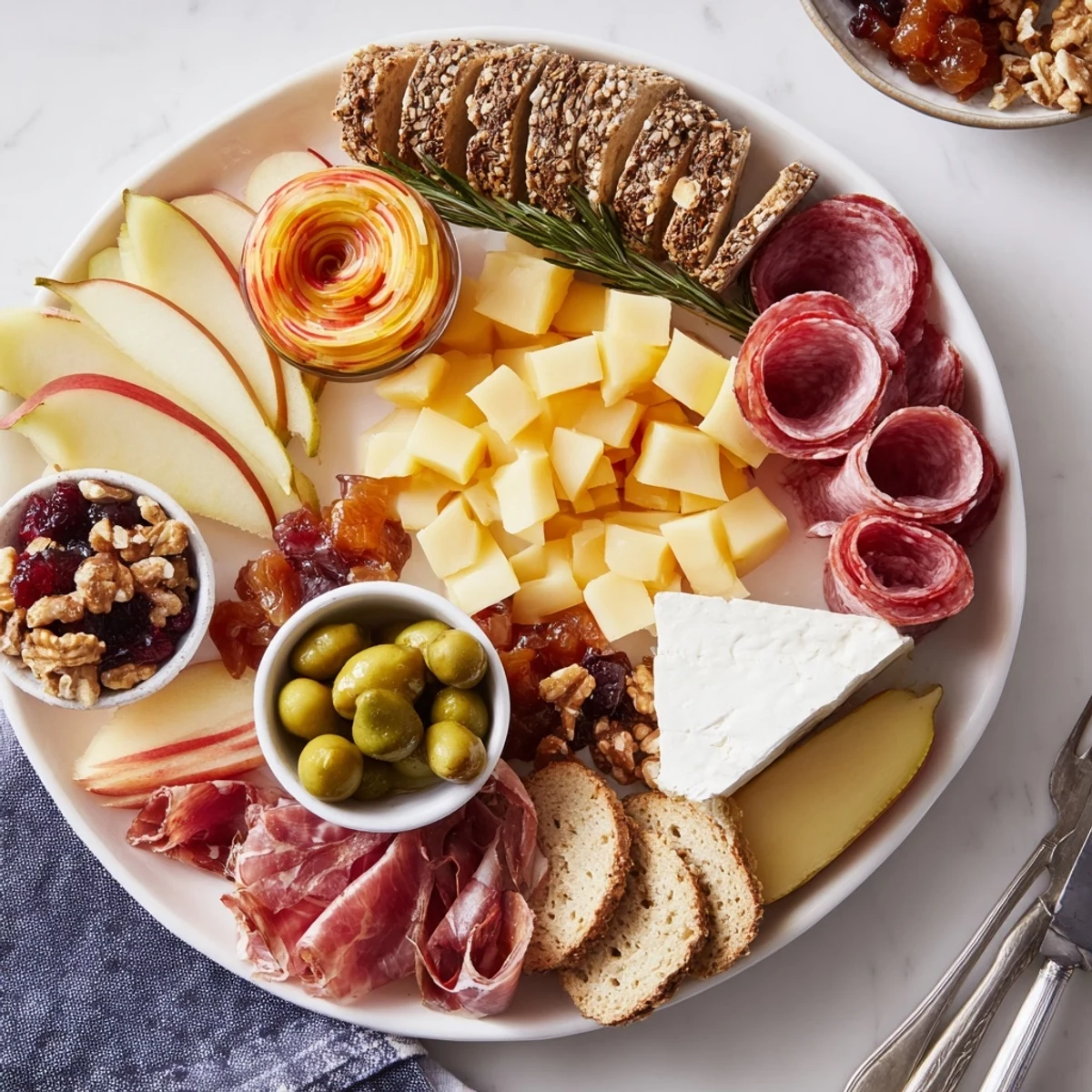Delicious charcuterie board with apple rosettes, perfect for elegant gatherings.  