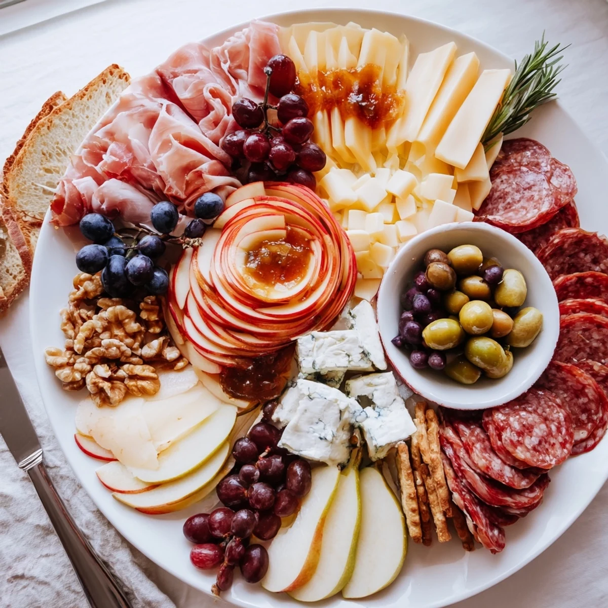 Colorful array of meats, cheeses, and apple rosettes on a rustic board.  