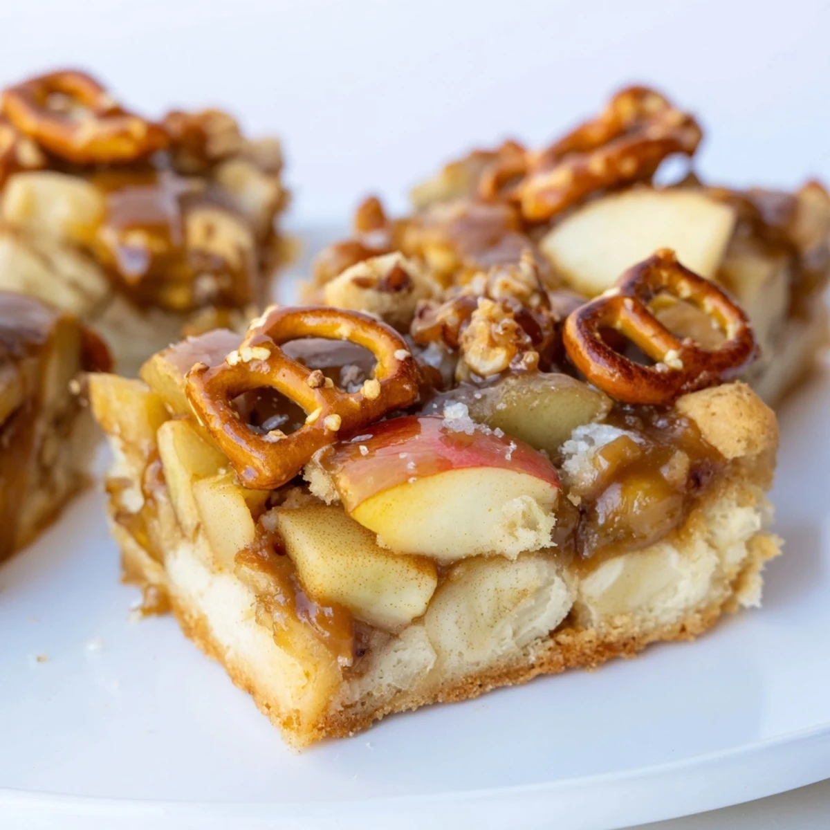 Decadent Caramel Apple Spicy Pretzel Biscuit Bars topped with crunchy pretzels and gooey caramel.  