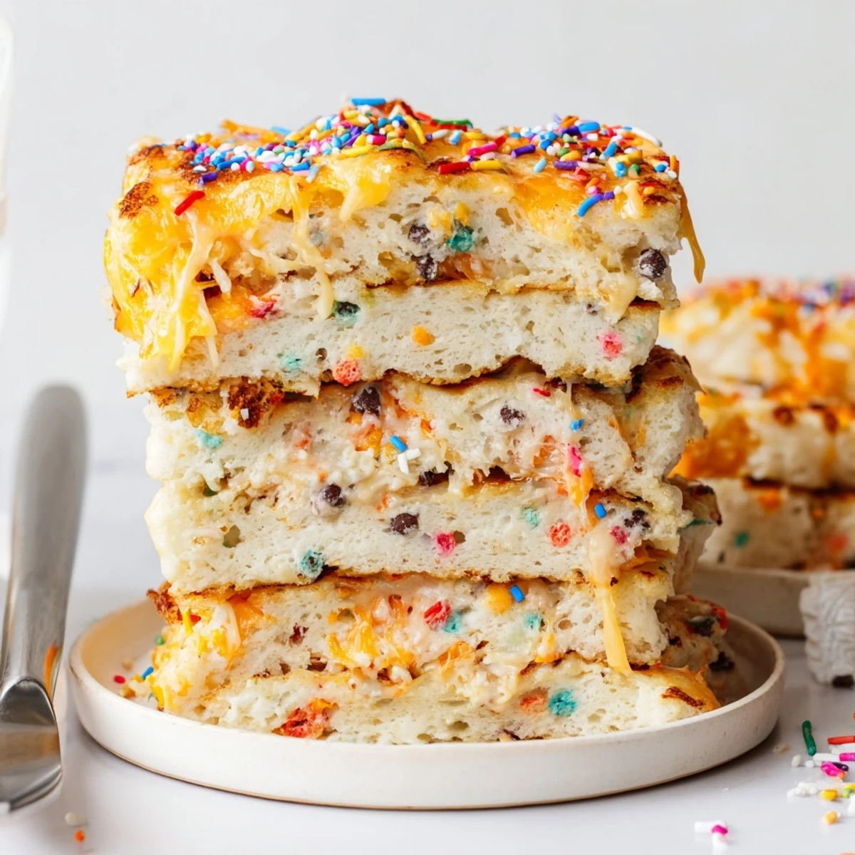 Fluffy Cheesy Monster Cake Pancake Bars topped with colorful sprinkles and melted cheese.  