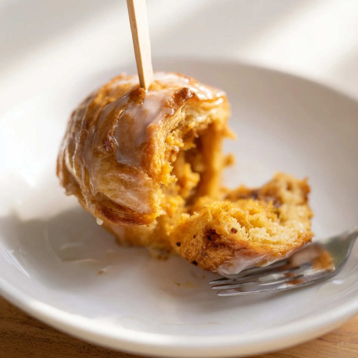 Warm, flaky pumpkin muffin pops on sticks, drizzled with a sweet tea glaze.