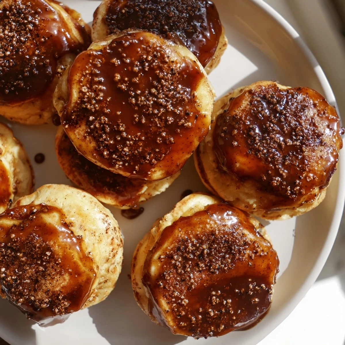 Fluffy chai caramel coffee pancake donuts topped with luscious caramel glaze.  