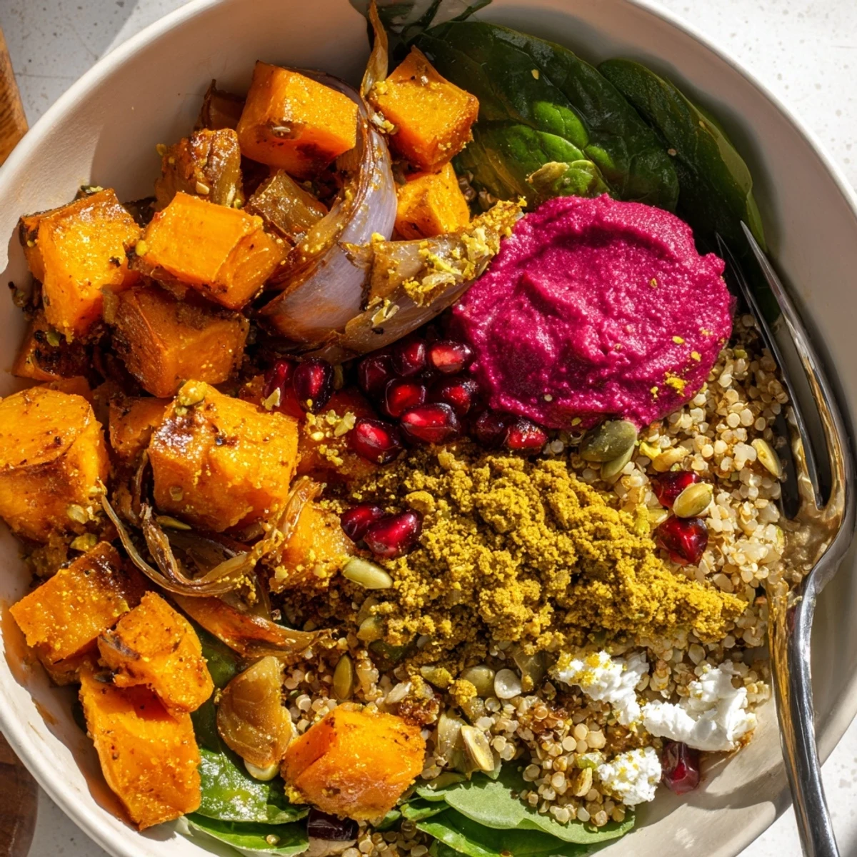 Cozy spiced winter bowls filled with colorful roasted vegetables and creamy ube-coconut purée. 