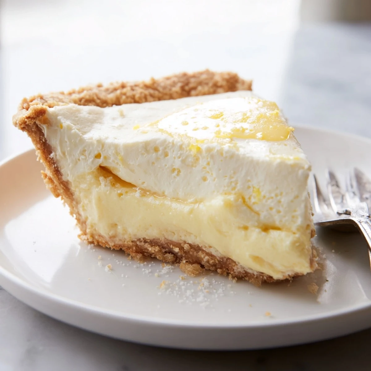 Golden-brown crust of water pie showcasing a delicate custard-like filling.  