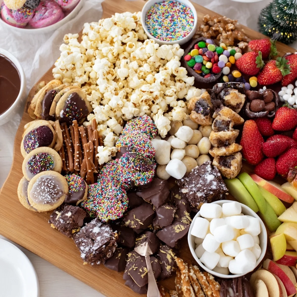 Sweet and savory dessert board with cookies, fruits, and delightful themed treats.