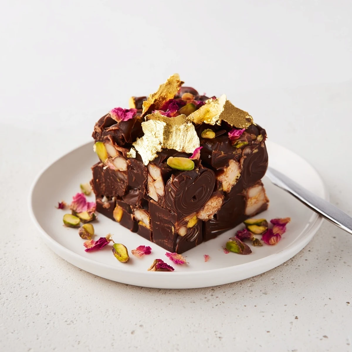 Decadent Chocolate Bar Inspired Creations topped with spiced date caramel and pistachios.