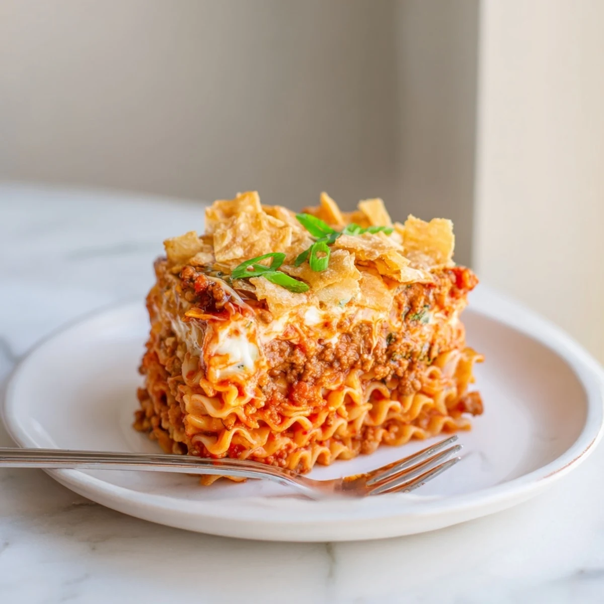 Delicious Spicy Ramen Lasagna topped with bubbling cheese and fresh green onions.