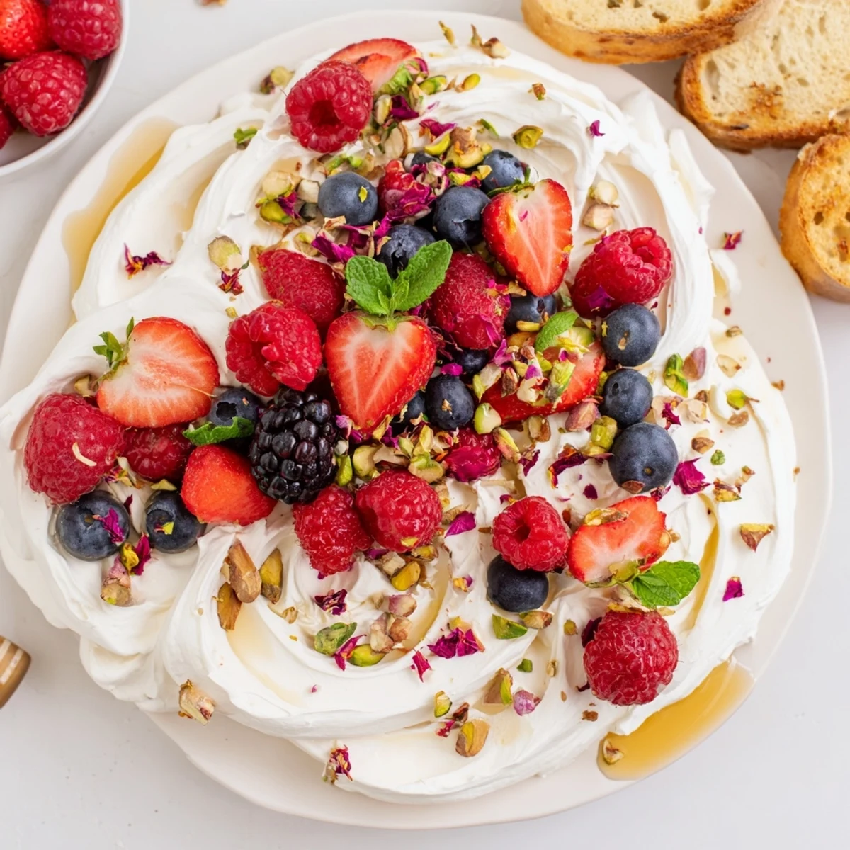 Creative Butter Board Dessert adorned with chocolate chips, berries, and mint leaves.
