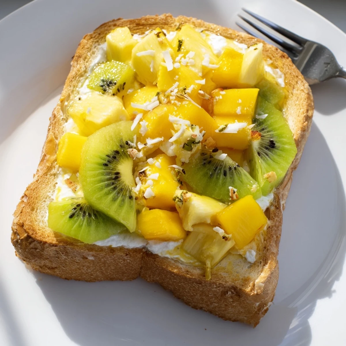 Creamy yogurt-custard toast topped with vibrant tropical fruits and shredded coconut.  