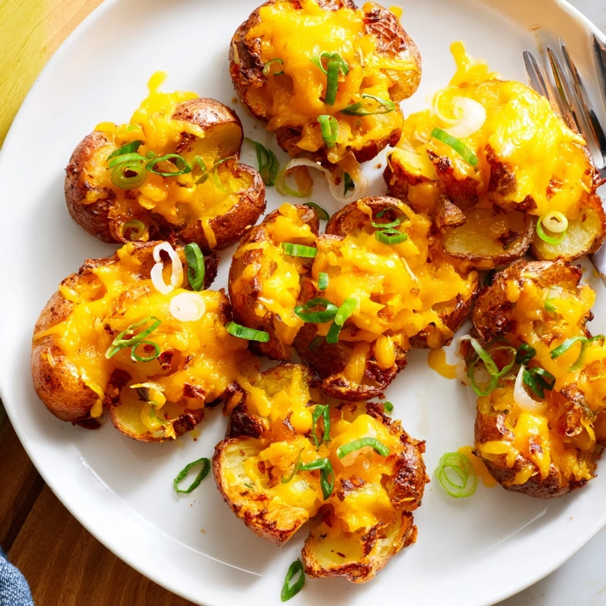Golden potatoes smashed and baked, featuring flavorful green onions and garlic seasoning.  