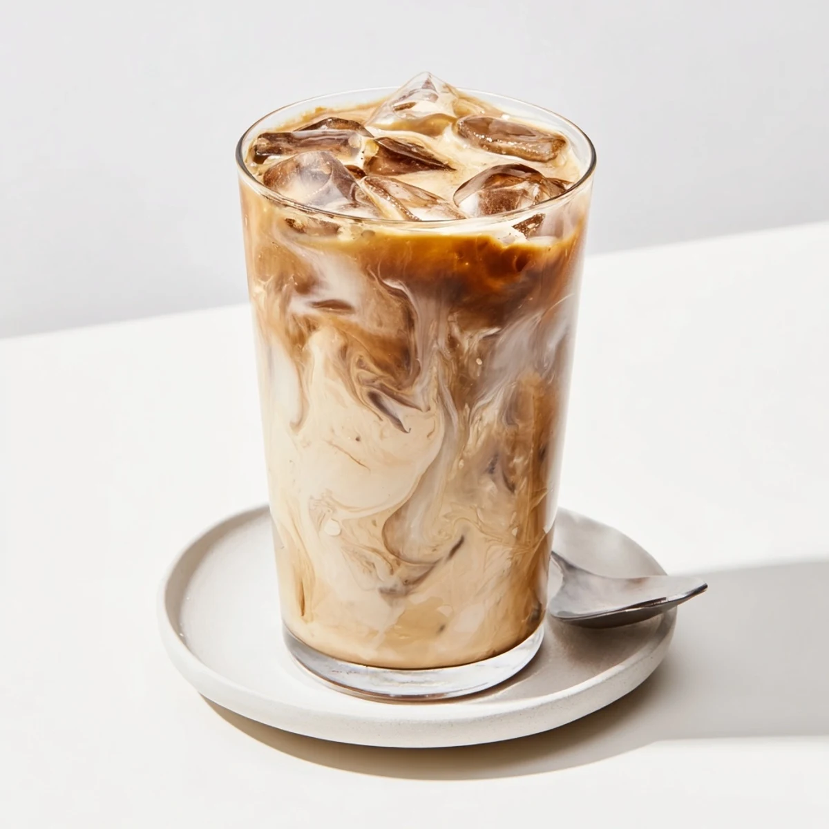 Rich tahini iced coffee garnished with cocoa powder, perfect for a hot day.  
