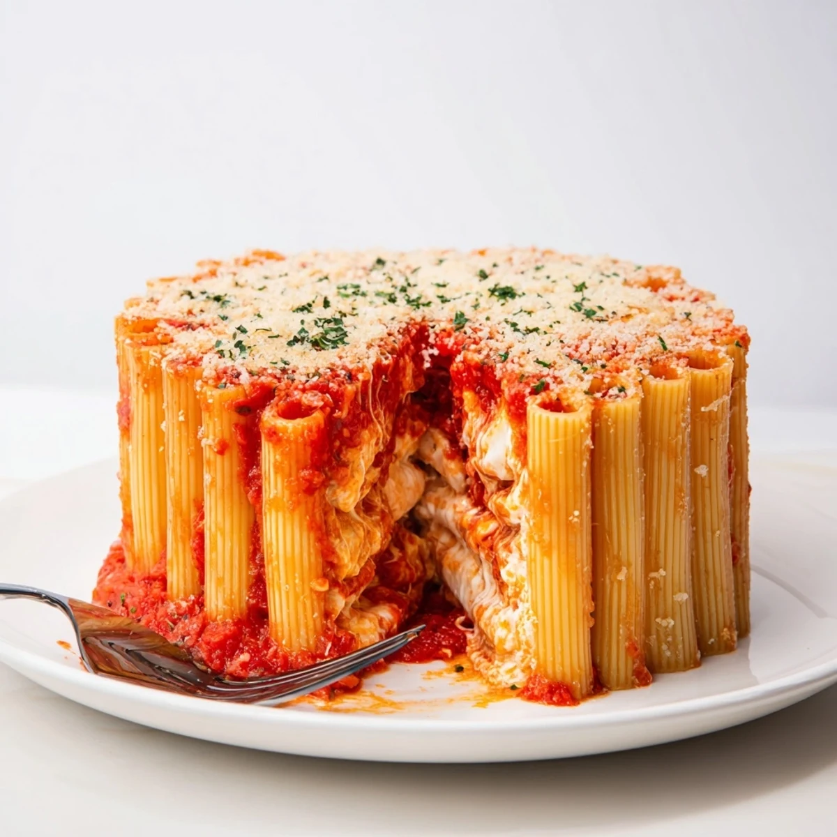 A beautiful Honeycomb Pasta Cake filled with rich tomato sauce and creamy cheese.  