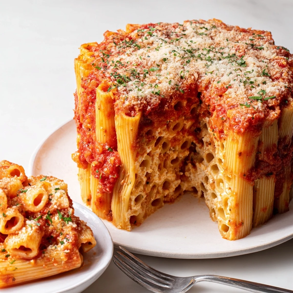 Impressive Honeycomb Pasta Cake showcases upright rigatoni stuffed with savory cheese filling.