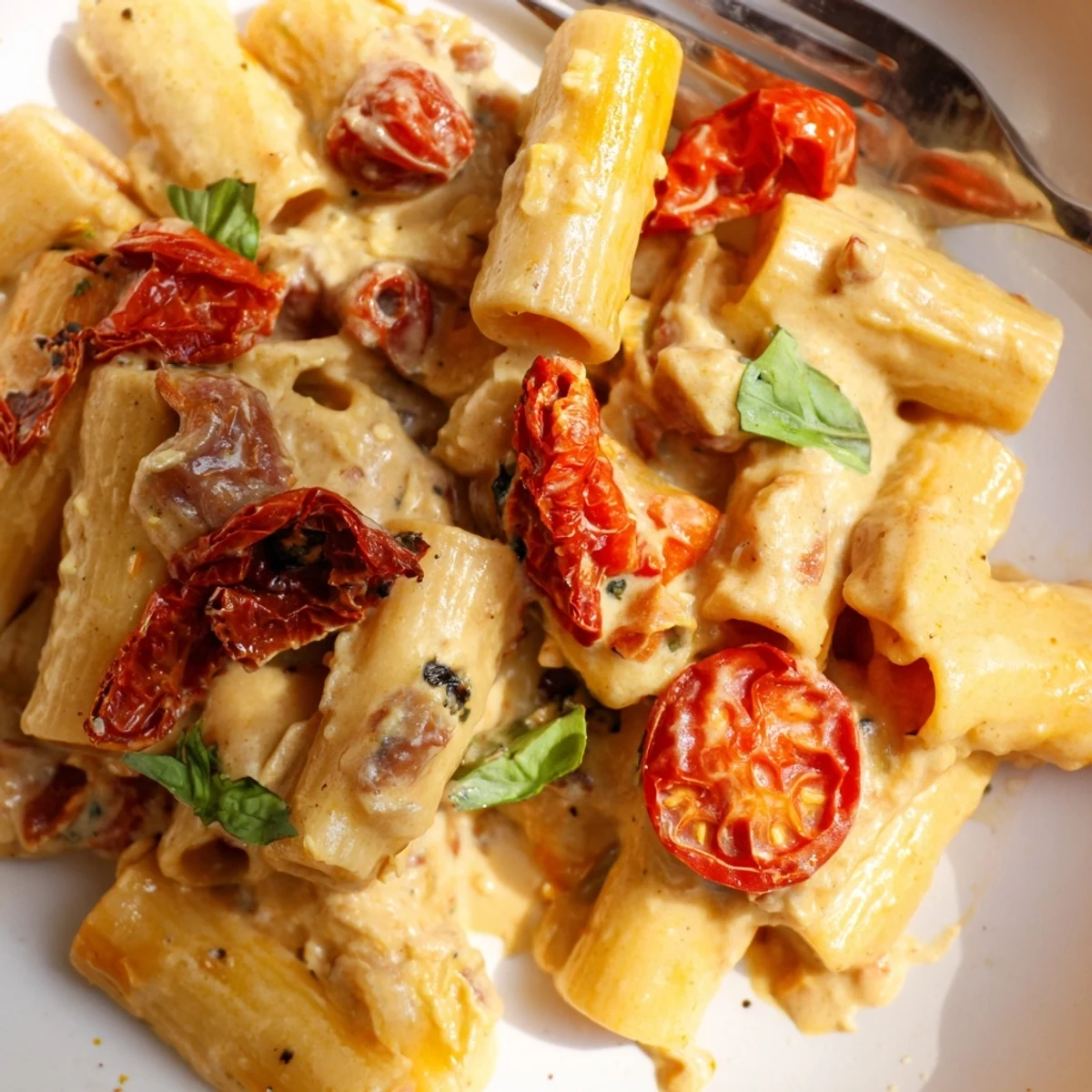 Creamy baked feta pasta with caramelized onions and sun-dried tomatoes.  