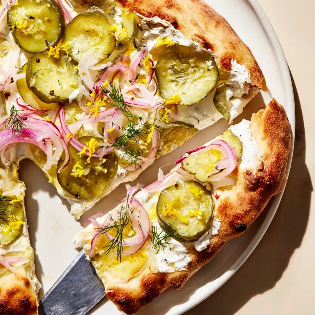 Tangy Pickle Pizza topped with creamy mozzarella and garnished with fresh dill.  