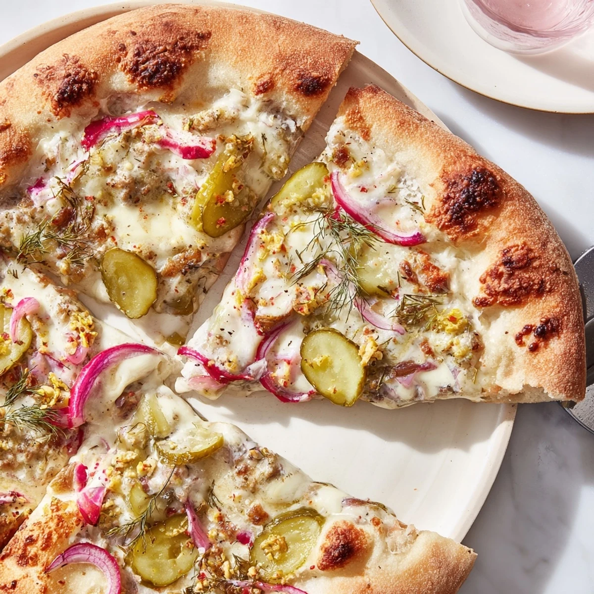 Deliciously unique Pickle Pizza featuring dill pickles and rich crème fraîche sauce.  