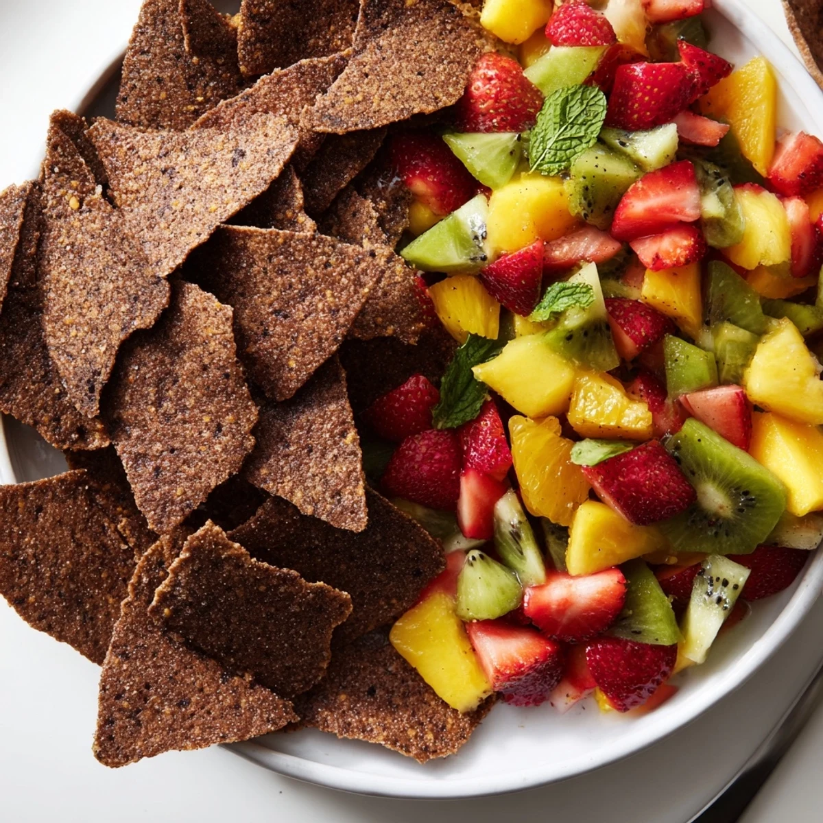 Homemade Dessert Chips & Salsa served with colorful, juicy fruits for a unique treat.