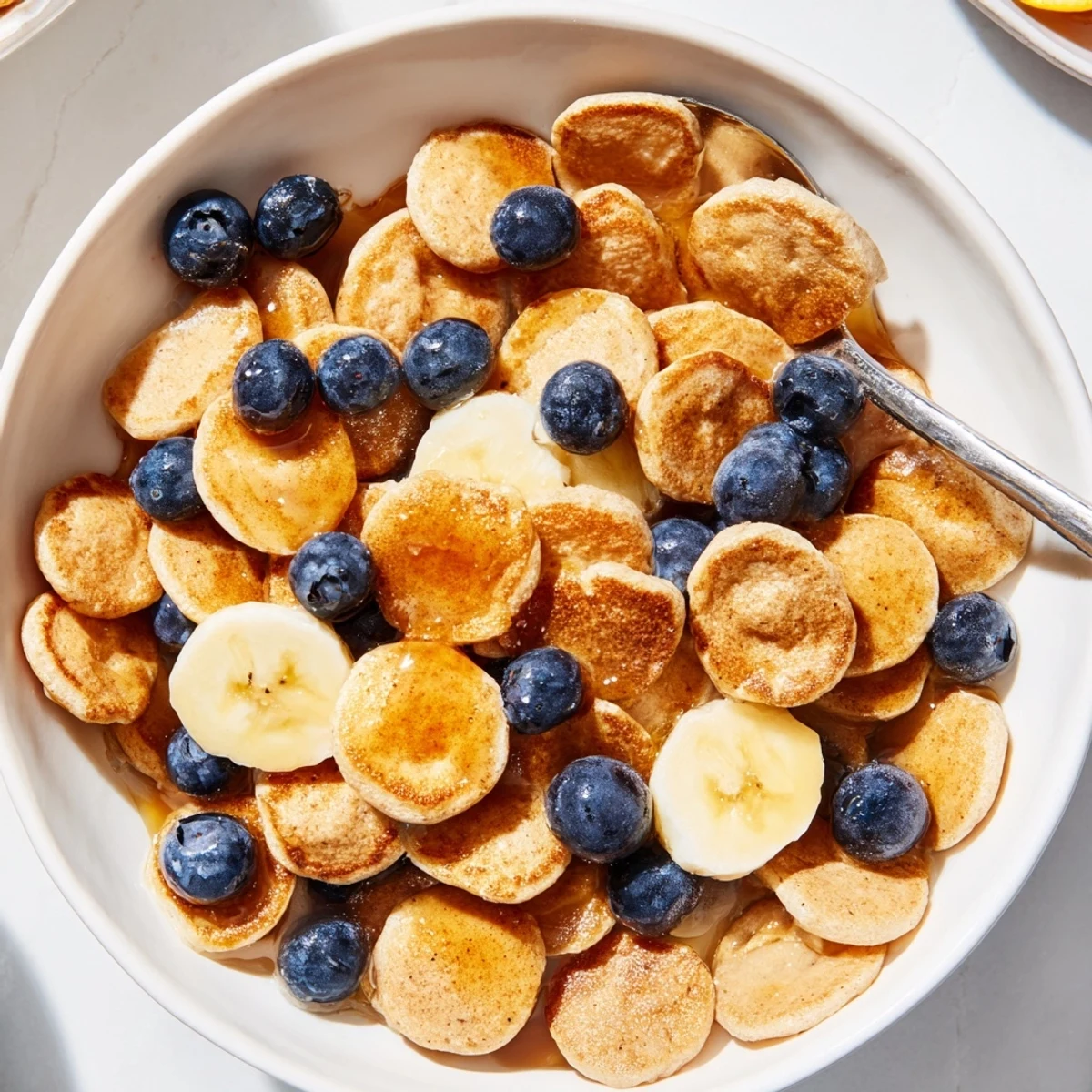 Delicious mini pancake cereal served with fresh berries and syrup in a colorful bowl.  