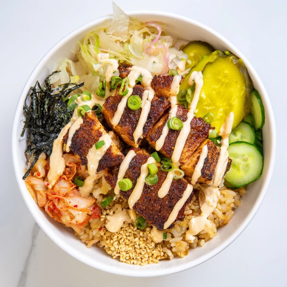 Crispy salmon rice bowl topped with spicy mayo and vibrant kimchi garnish.  