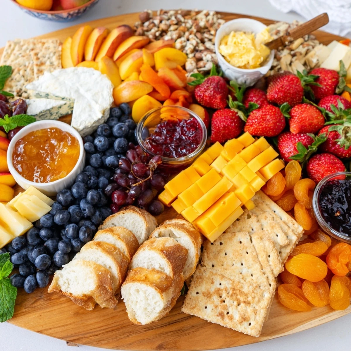 A colorful jam-infused brunch board brimming with fruits, cheeses, and artisan breads.  