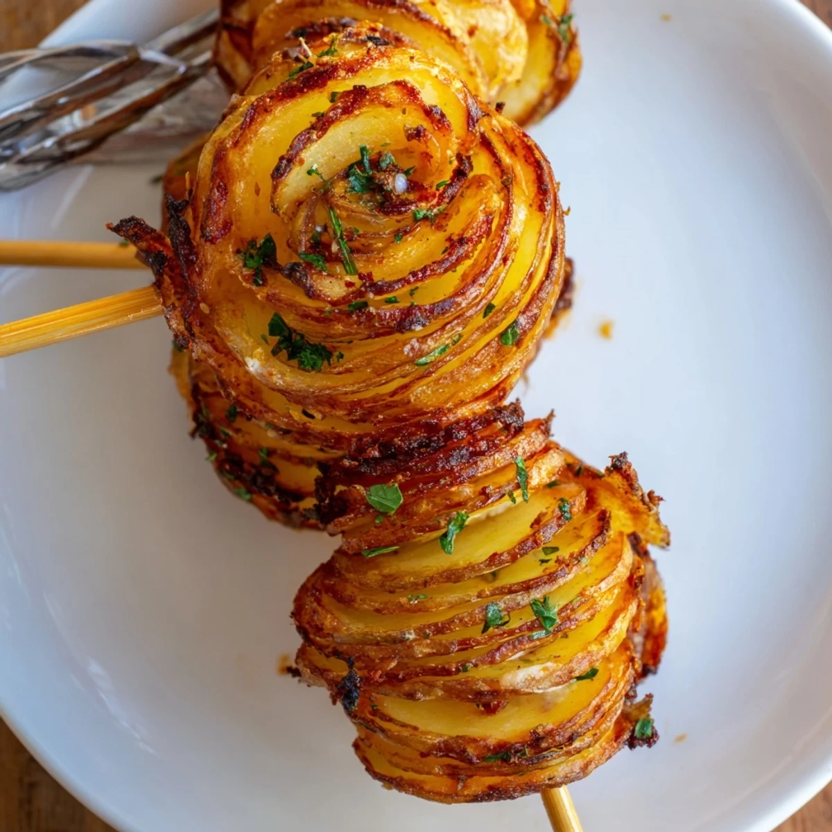 Golden air-fryer tornado potatoes garnished with parsley, ideal for entertaining guests.