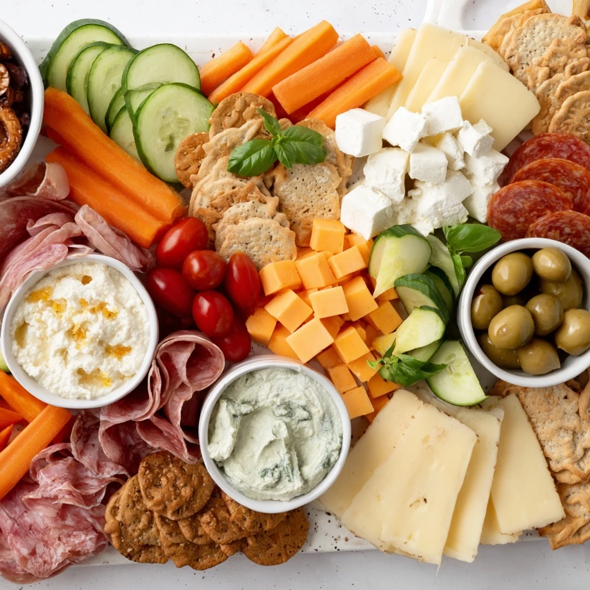A beautifully arranged Girl Dinner Platter with colorful fruits, assorted cheeses, and dips.  