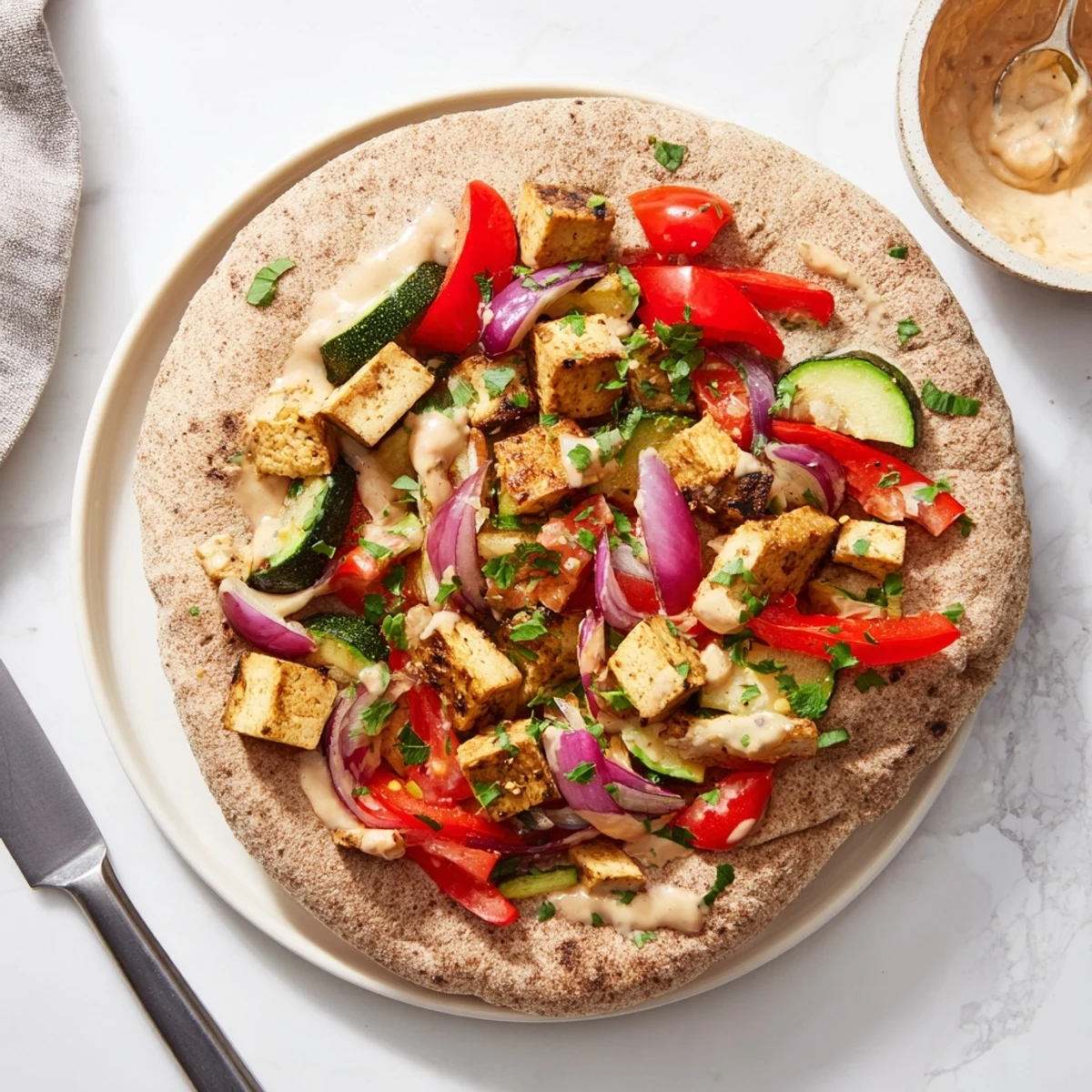 Vibrant vegan viral recipe remake featuring roasted tofu and fresh veggies in wraps.  
