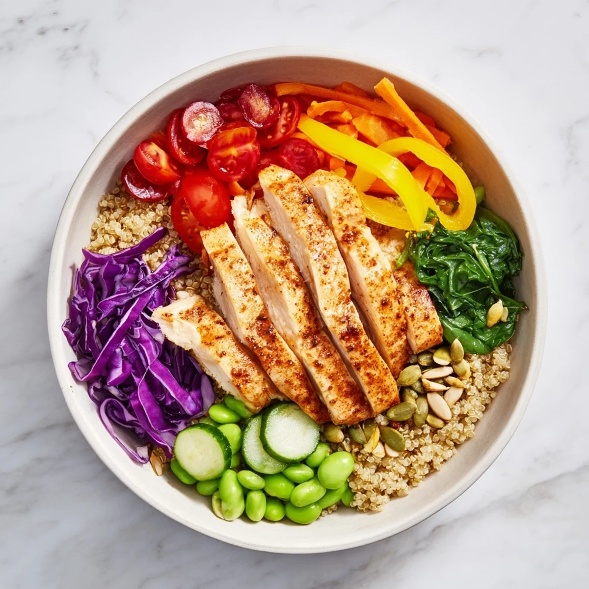 Delicious Healthy Meal-Prep Bowls showcasing layered quinoa, grilled chicken, and fresh toppings.  