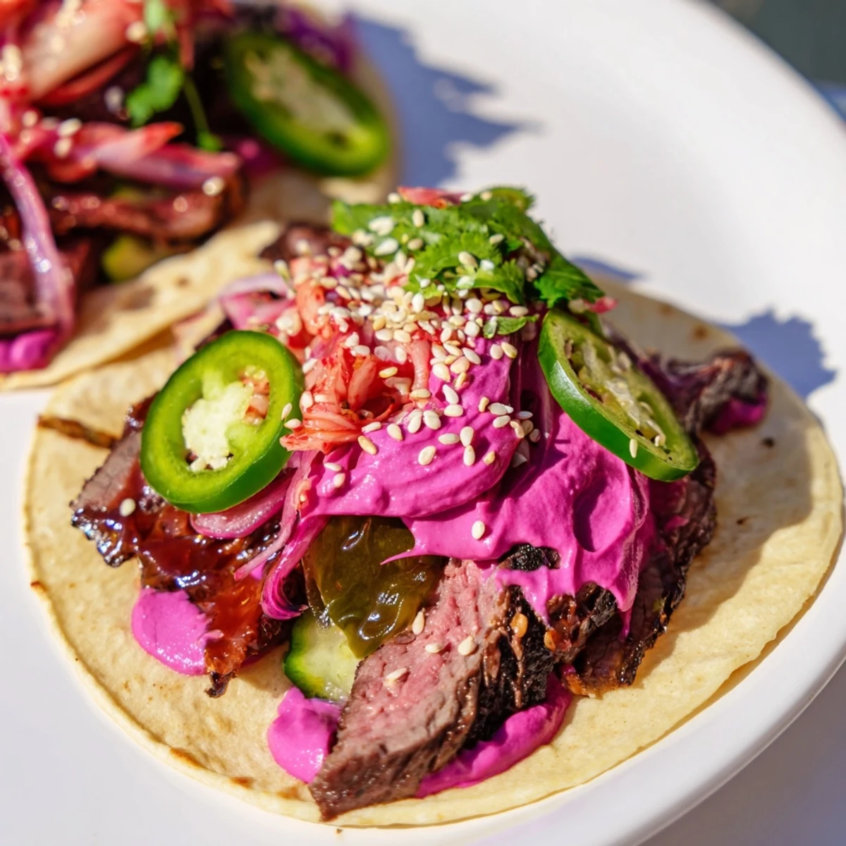 Vibrant Global Street-Food Fusion Tacos filled with marinated meats and fresh toppings.  