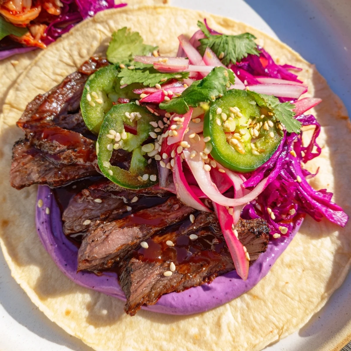 Delicious bowls of Global Street-Food Fusion, showcasing colorful ingredients and creamy ube crema.  