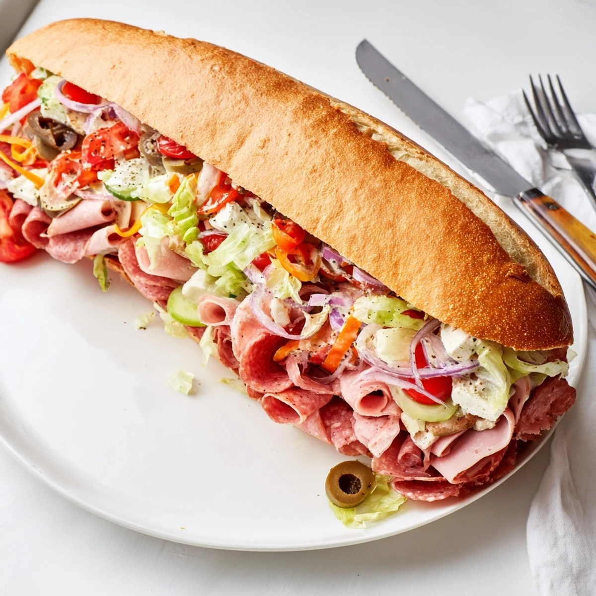 Vibrant Flavor Mash-Up Sandwiches piled high with Italian meats and fresh vegetables.