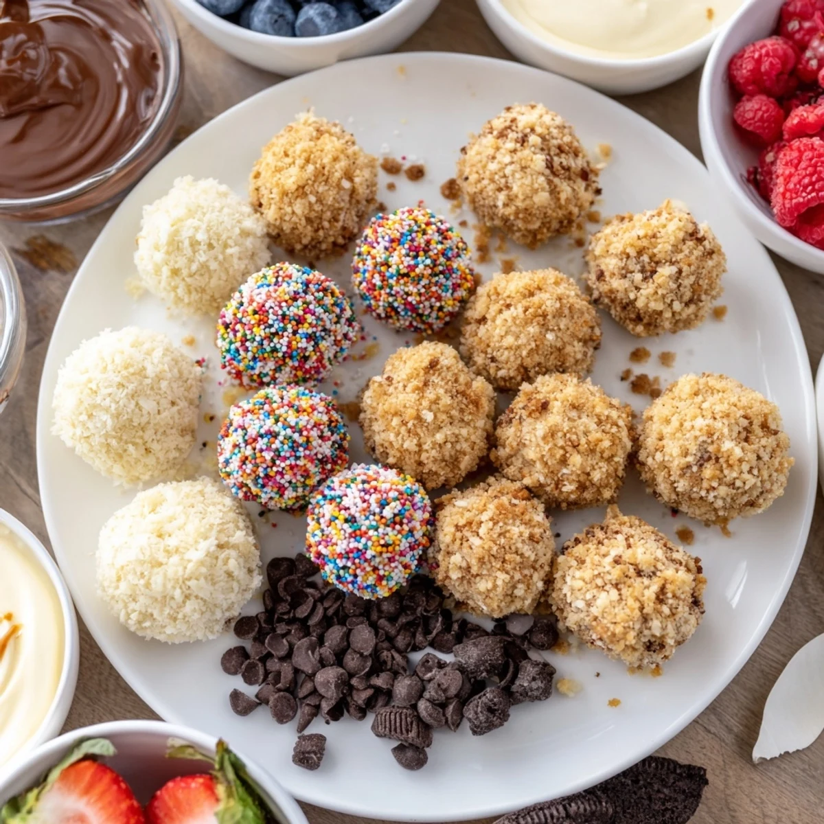 Deconstructed dessert board featuring creamy cheesecake bites with colorful fresh toppings.  