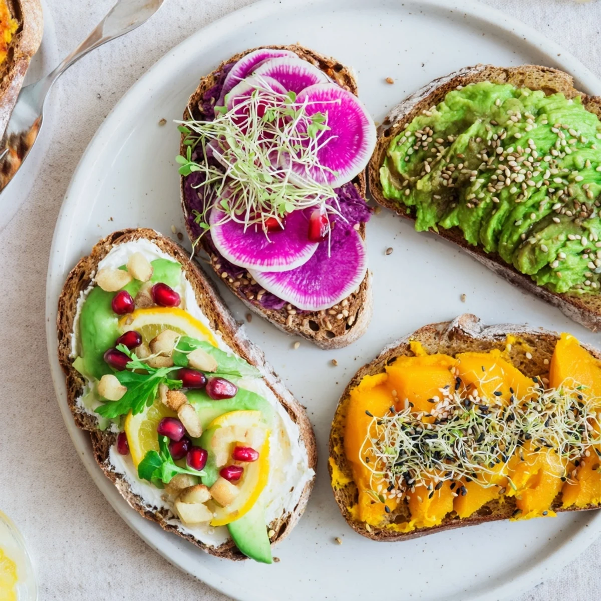 Vibrant breakfast toasts topped with ube spread, avocado, and fresh radishes.  